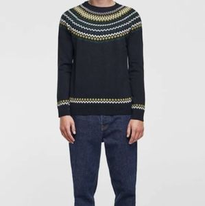 ZARA Men's Nordic Fair Isle Grandpa Sweater Crewneck Navy